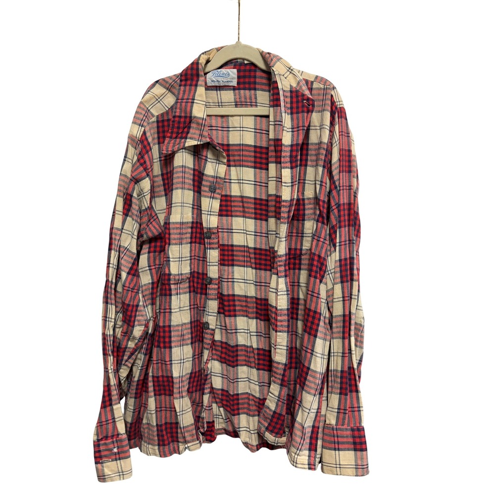 Vintage 60s 70s Filene's Flannel Shirt Red Plaid Grunge Distressed Cotton‎ L